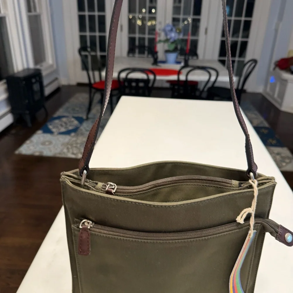 Tano New York Olive Green Canvas Shoulder Bag 3 Center Comp, Outside Zip NWT